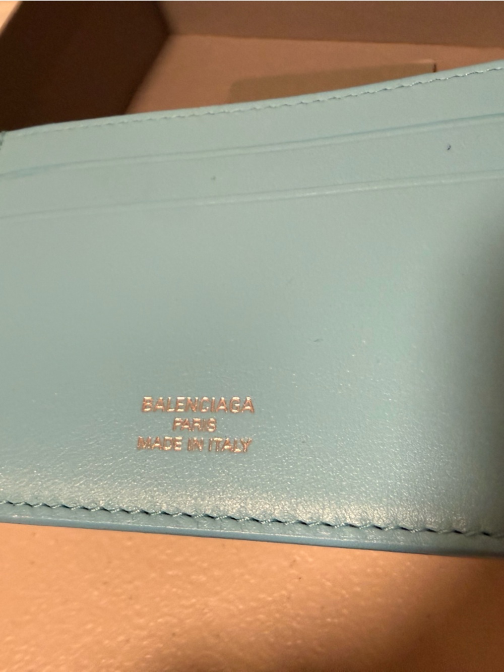 Balenciaga Powder Blue Leather Card Holder with Gold Stamp. Full inclusion